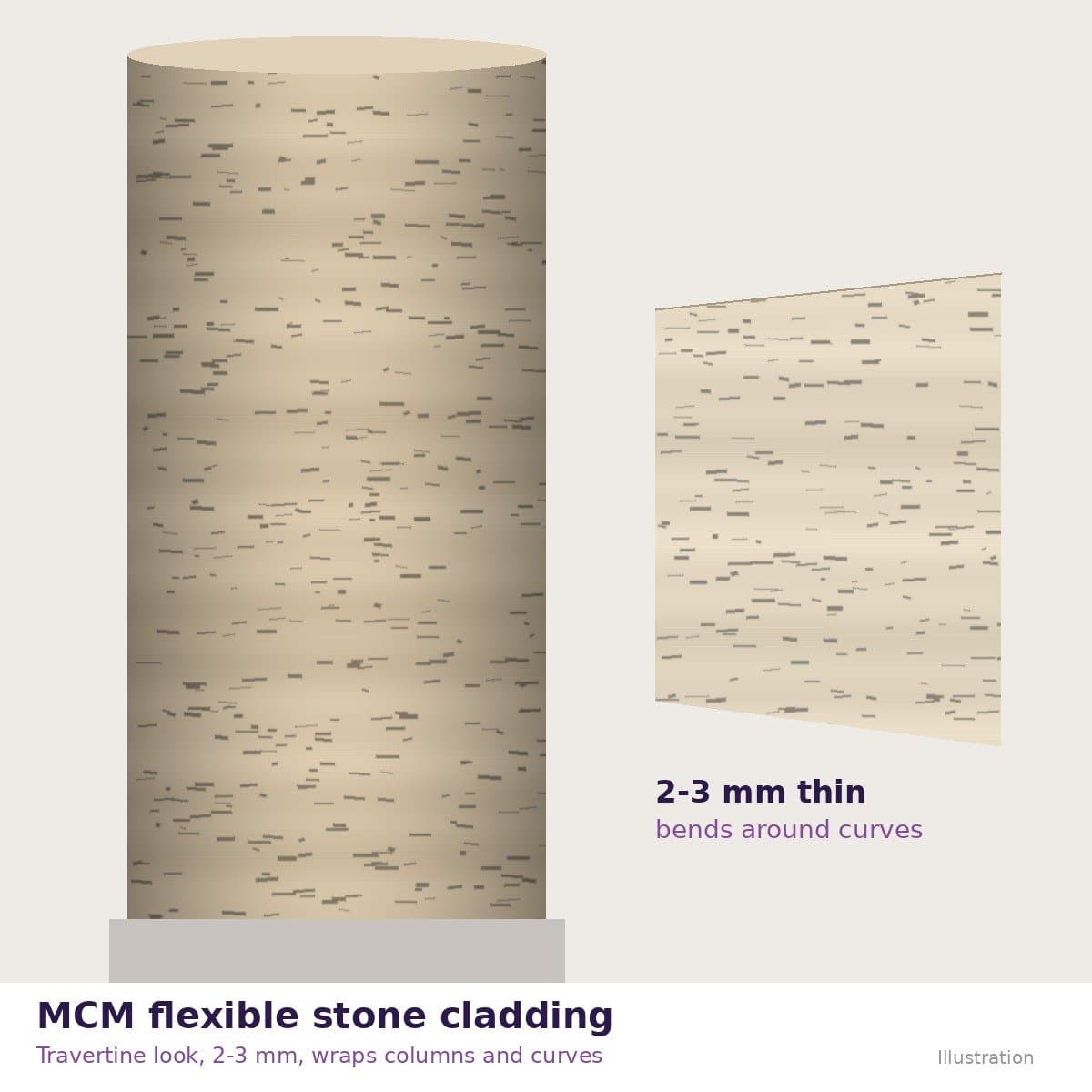 MCM Flexible Soft Stone Cladding - Travertine Texture, 2-3 mm, Bendable, Class A Fire — thumbnail